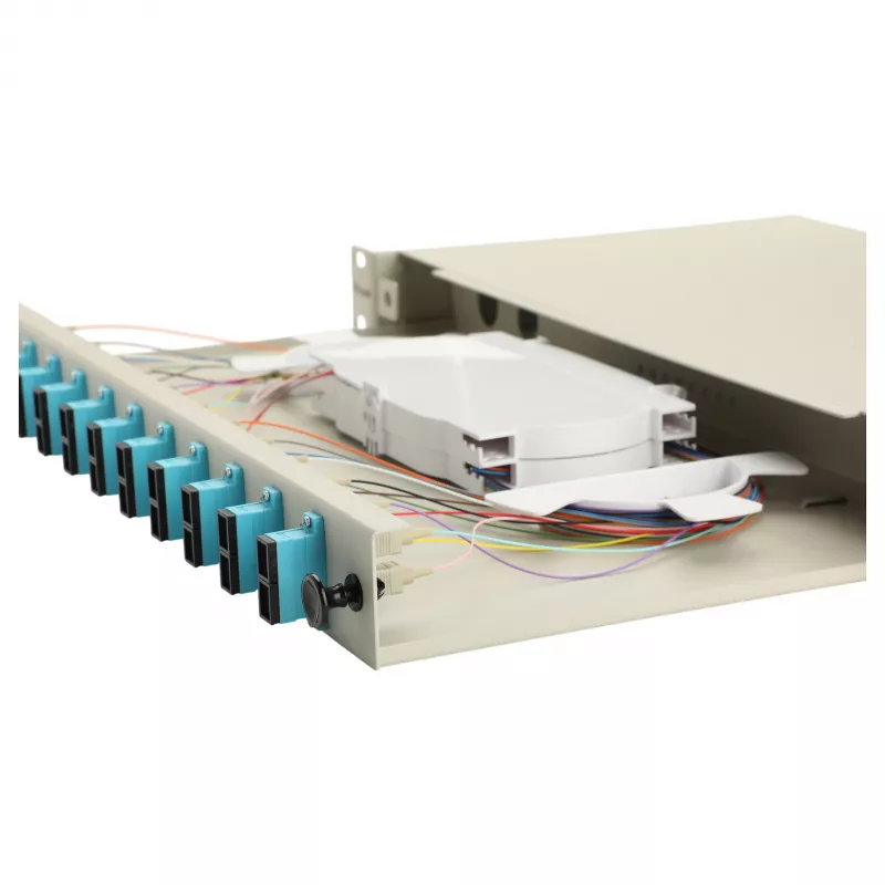 Equip 12-poorts glasvezel splicebox, SC duplex, OM3, 1U rackmontage, gevuld, grijs
