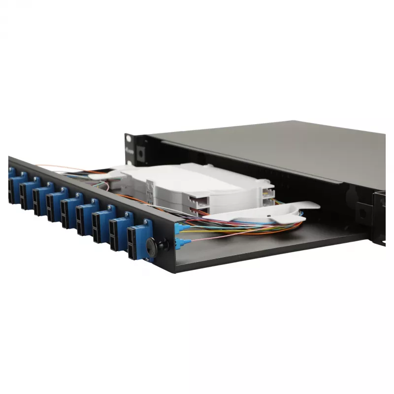 Equip 12-poorts glasvezel splicebox, SC duplex, OS2, 1U, volledig gevuld, zwart (591909)
