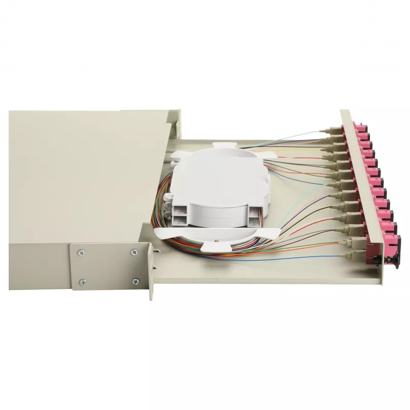 Equip 12-poorts SC duplex OM4 glasvezel splicebox, 1U, volledig uitgerust, grijs