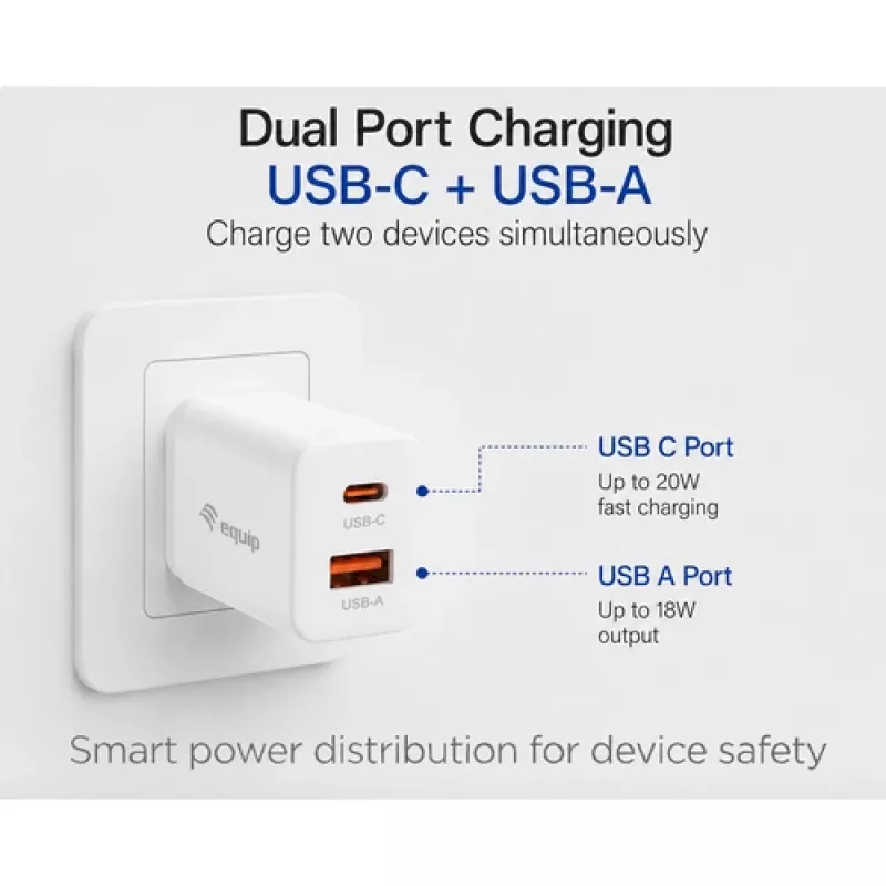 Equip 2-poorts USB-C PD3.0/USB-A GaN wandlader 20W, Wit, verpakking van 25 stuks