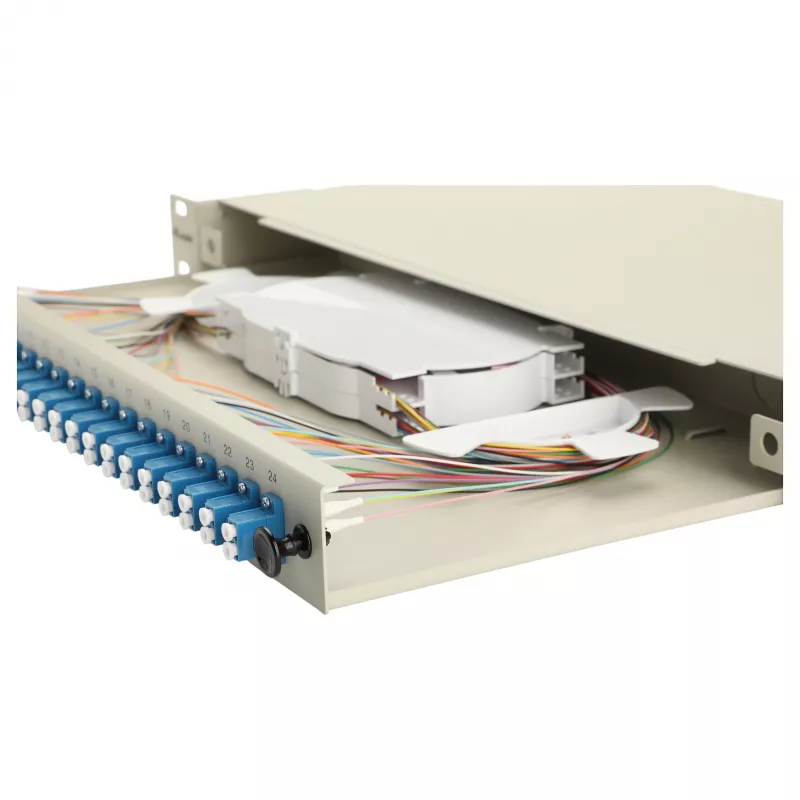 EQUIP 24-poorts glasvezel splicebox, LC duplex, OS2, 1U, bestukt, grijs