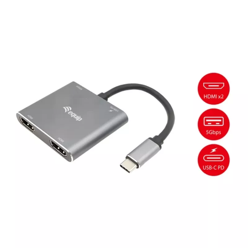 EQUIP USB-C 4-in-1 dual-HDMI-adapter met 100W PD, 4K MST, aluminium