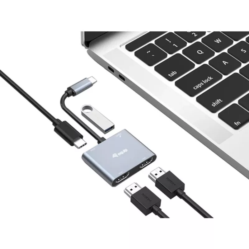 EQUIP USB-C 4-in-1 dual-HDMI-adapter met 100W PD, 4K MST, aluminium