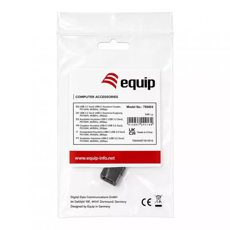 Equip USB-C Keystone Koppeling, USB 3.2 Gen 2, USB-C bus naar bus, Zwart