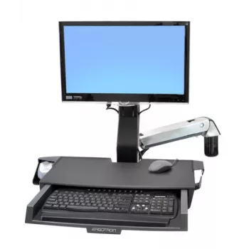 Ergotron 45-260-026 Track Mount Kit, in hoogte verstelbare monitorarm met toetsenbordplateau, uitschuifbaar muisplateau, polssteun en barcode-scannerhouder, voor lcd's tot 24 inch, VESA 75/100 mm, gepolijst aluminium