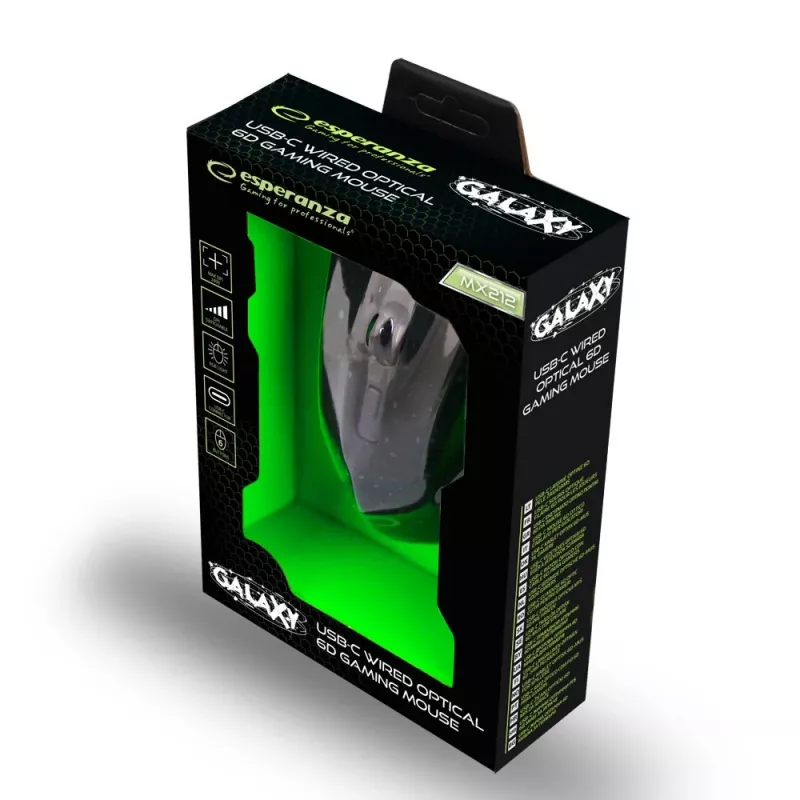 Esperanza EGM212 Bedrade optische gaming-muis, 2400 DPI, 6 knoppen, USB, rechtshandig, zwart