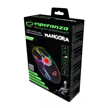 Esperanza EGM701 Mangora 8D bedrade gamingmuis, RGB-verlichting, 7200 DPI, optische sensor, 6 knoppen, gevlochten kabel, rechtshandig, zwart