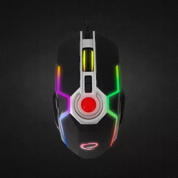 Esperanza EGM701 Mangora 8D bedrade gamingmuis, RGB-verlichting, 7200 DPI, optische sensor, 6 knoppen, gevlochten kabel, rechtshandig, zwart