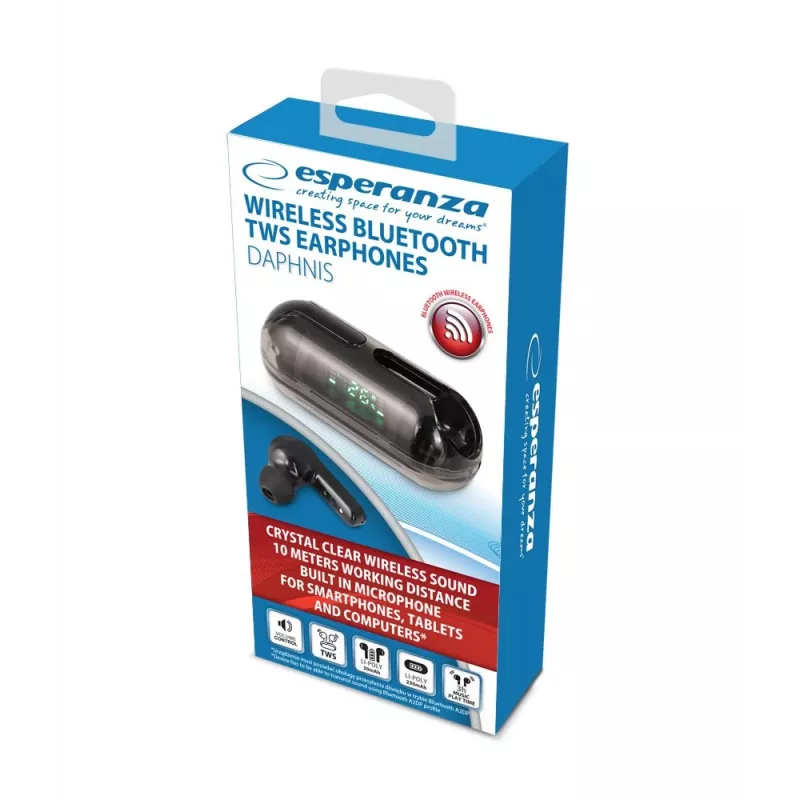 Esperanza EH239K True Wireless Stereo Bluetooth in-ear koptelefoon met oplaadcase, touchbediening, ingebouwde microfoon, zwart