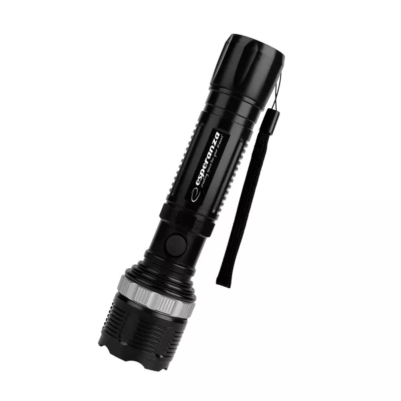 Esperanza Epione L zwarte handzaklamp LED, 80 lm, 100 m straal, aluminium, spatwaterdicht
