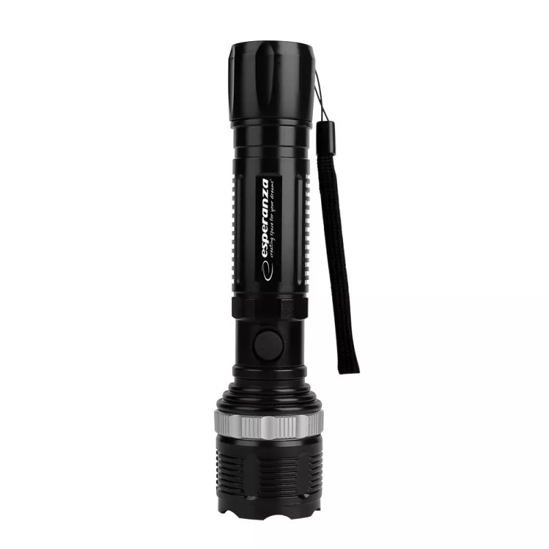 Esperanza Epione L zwarte handzaklamp LED, 80 lm, 100 m straal, aluminium, spatwaterdicht