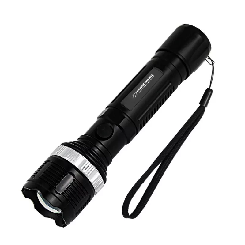 Esperanza Epione L zwarte handzaklamp LED, 80 lm, 100 m straal, aluminium, spatwaterdicht