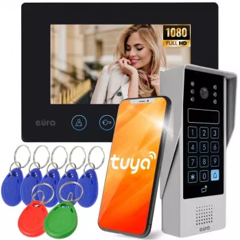 EURA VDP-90A3 DELTA+ zwart 7 inch Full HD videodeurintercom, WiFi, 2 ingangen, toetsenbord, naderingslezer, AHD, Tuya