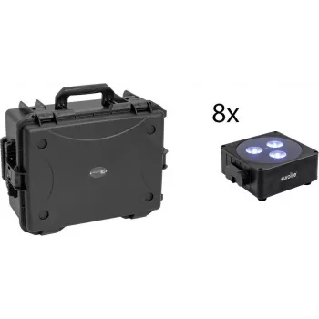 EUROLITE set 8x AKKU Flat Light 3 zwart + kunststof koffer met trolley RGBW LED QuickDMX