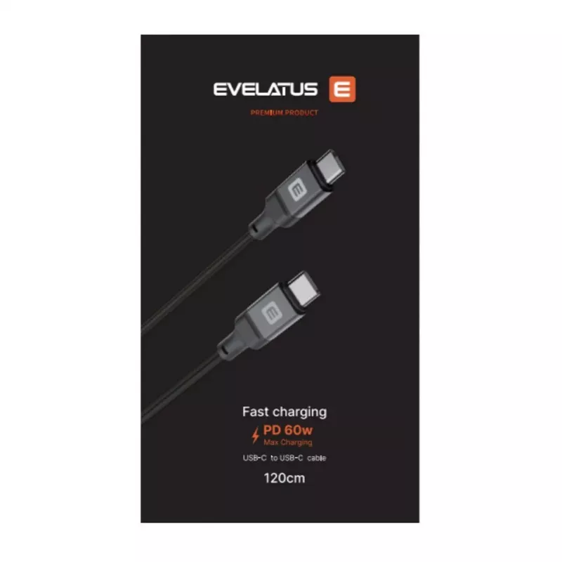 Evelatus coiled USB-C naar USB-C kabel 1,2 m 60 W PD gevlochten zwart