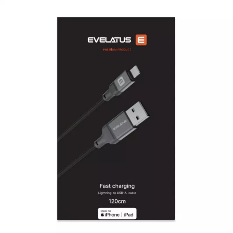 Evelatus USB-A naar Lightning-kabel 1,2m (MFi11CL) aluminium behuizing gevlochten zwart