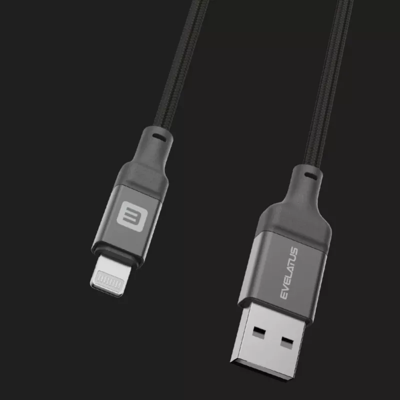 Evelatus USB-A naar Lightning-kabel 1,2m (MFi11CL) aluminium behuizing gevlochten zwart