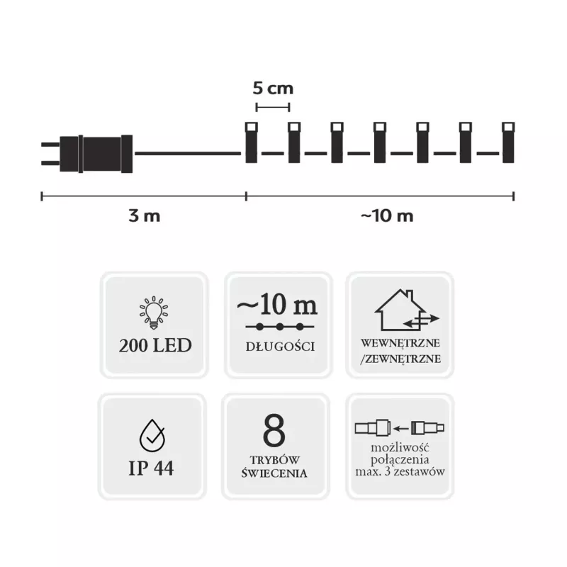 Extralink LED-lichtsnoer 200 LED's koelwit 10m + 3m IP44 binnen/buiten