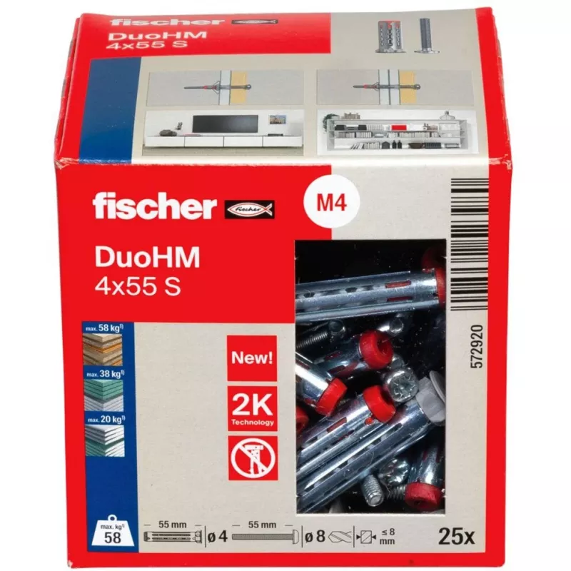 fischer DuoHM 4x55 S PH PZ hollewandplug 55 mm, 25 stuks 572920