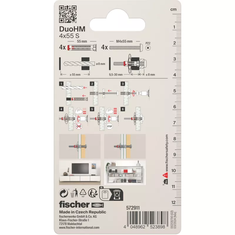 Fischer DuoHM 4x55 S PH PZ hollewandplug 55 mm 4 stuks 572911