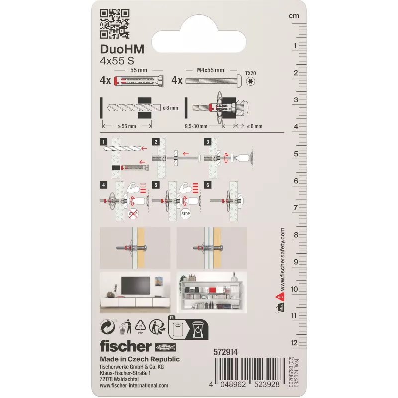 Fischer DuoHM 4x55 S PH TX hollewandplug 55 mm 4 stuks 572914