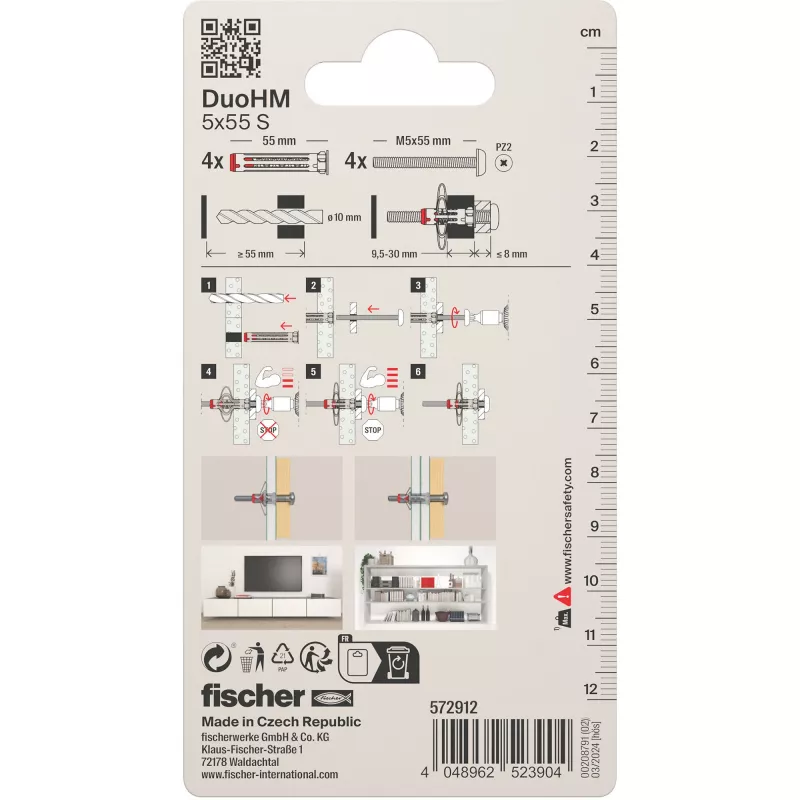 Fischer DuoHM 5x55 S PH PZ hollewandplug 55 mm 4 stuks 572912