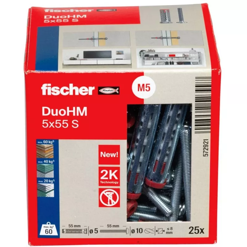 fischer DuoHM 5x55 S PH PZ hollewandplug 55 mm, 25 stuks 572921