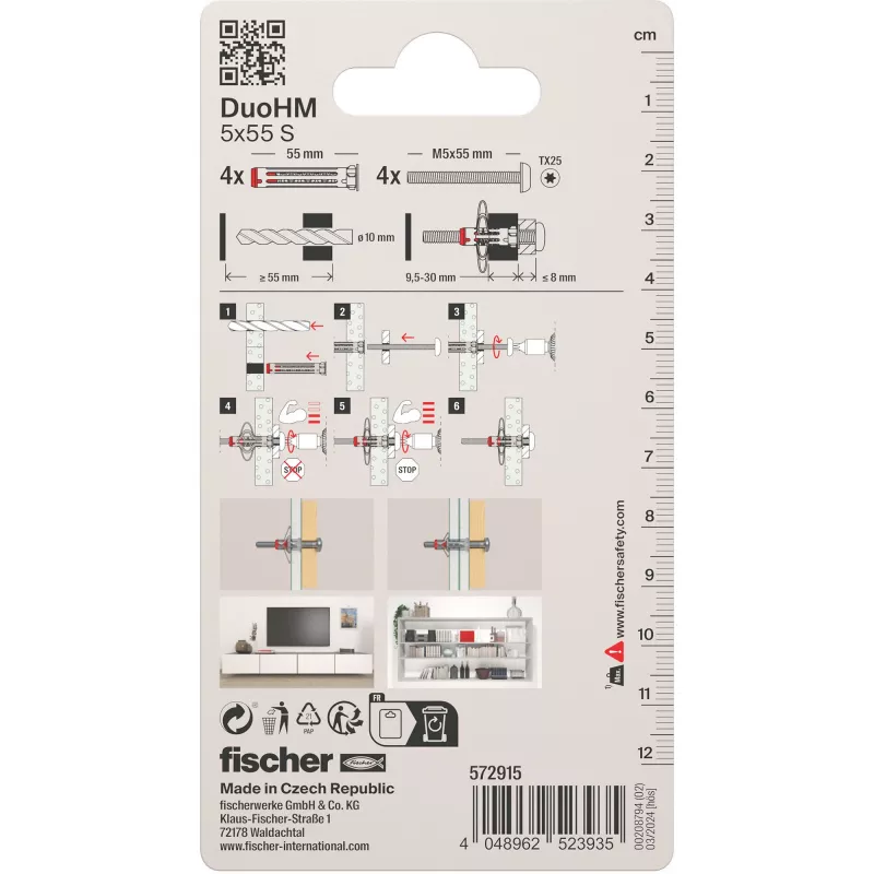 Fischer DuoHM 5x55 S PH TX hollewandplug-set, 4 stuks 572915