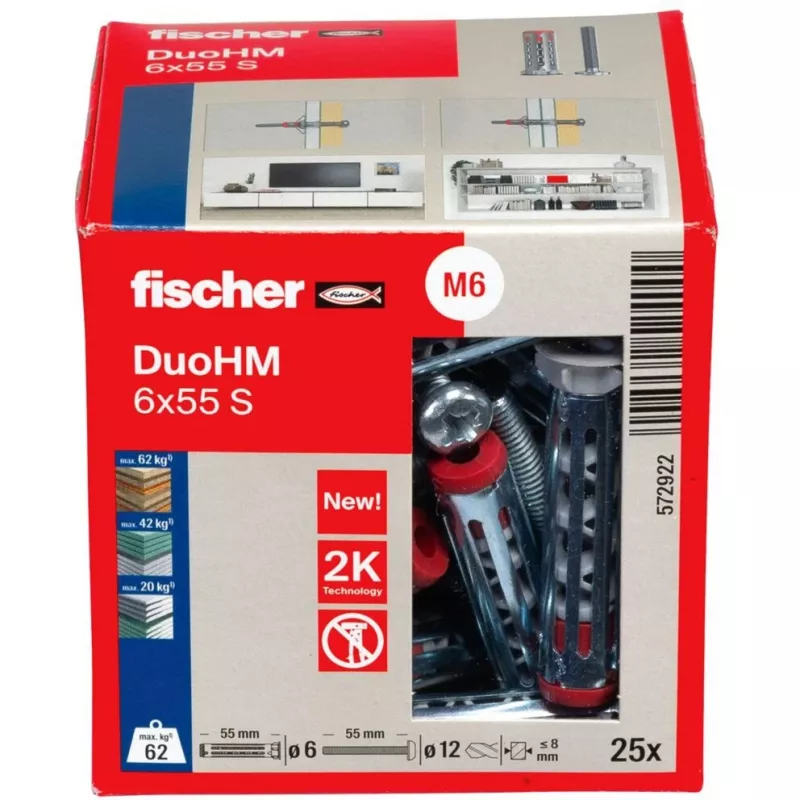 fischer DuoHM 6x55 S PH PZ hollewandplug 55 mm, 25 stuks 572922