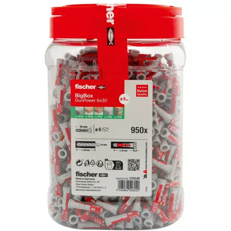 fischer DUOPOWER 6x30 universele plug BigBox, lichtgrijs/rood, 950 stuks, hersluitbare doos 570548