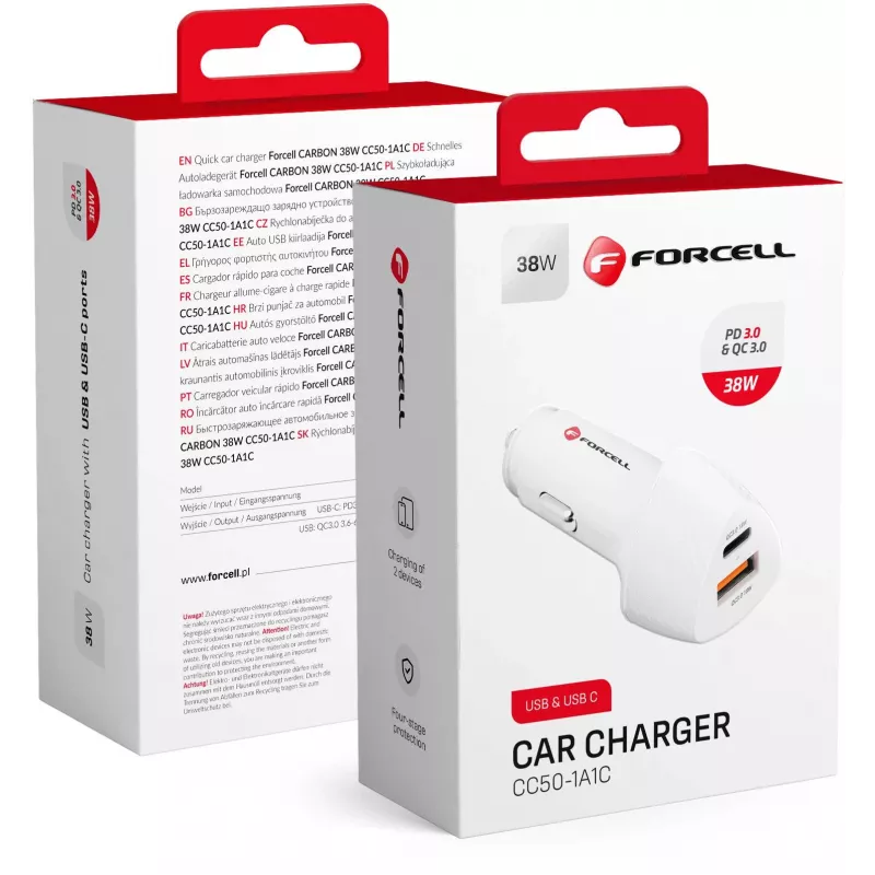 Forcell Carbon CC50-1A1C 38W USB-C PD + USB-A QC 3.0 Auto-oplader - Wit