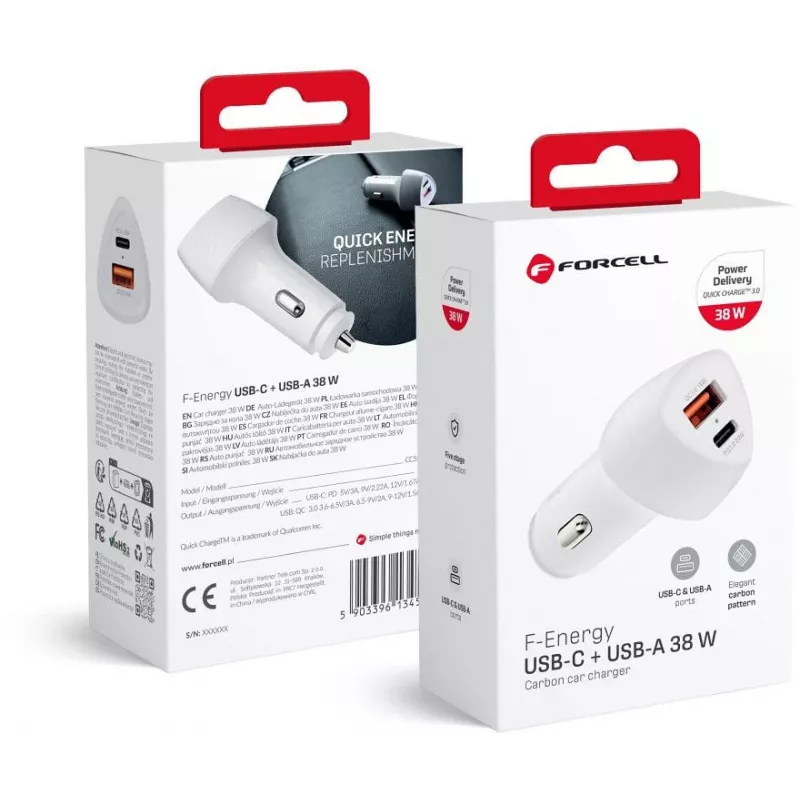 Forcell Carbon CC50-1A1C 38W USB-C PD + USB-A QC 3.0 Auto-oplader - Wit