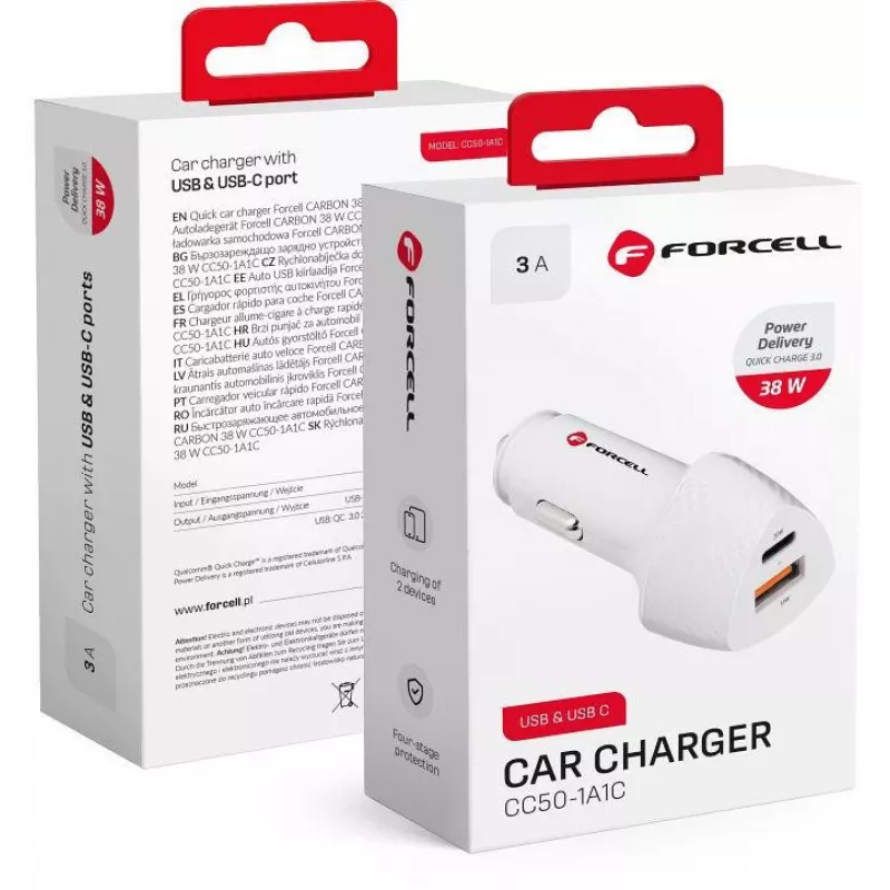 Forcell Carbon CC50-1A1C 38W USB-C PD + USB-A QC 3.0 Auto-oplader - Wit