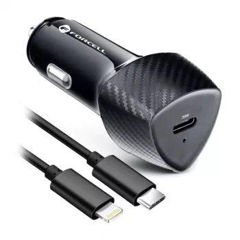 Forcell F-Energy Carbon autolader USB-C QC3.0 PD 20W met USB-C naar Lightning-kabel CC50-1C zwart