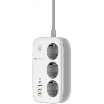 Forcell F-Energy VT-PS03 slimme stekkerdoos, 3x Schuko-stopcontacten, USB-C PD 30W, 3x USB-A QC 3.0, Wi-Fi, Tuya-app-bediening, 2500W/10A