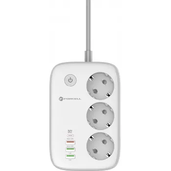 Forcell F-Energy VT-PS03 slimme stekkerdoos, 3x Schuko-stopcontacten, USB-C PD 30W, 3x USB-A QC 3.0, Wi-Fi, Tuya-app-bediening, 2500W/10A