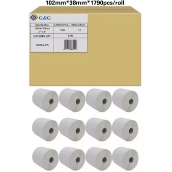 G&G Etikettenrollen compatibel met Zebra 800264-155, Wit, 102 x 38 mm, 12 x 1790 etiketten (19802)