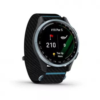 Garmin Approach J1 Cloud Blue aluminium bezel met zwart/azuurblauwe ComfortFit-stoffen band