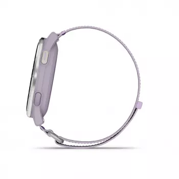 Garmin Approach J1 zilveren aluminium bezel met lila ComfortFit stoffen band