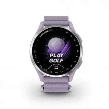 Garmin Approach J1 zilveren aluminium bezel met lila ComfortFit stoffen band