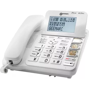 Geemarc CL595 bedrade seniorentelefoon met antwoordapparaat, handsfree, optische oproepindicatie, hoortoestelcompatibel, noodhanger, wit