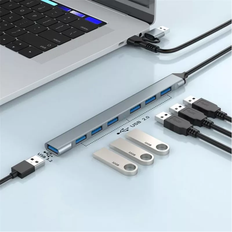 Gembird 7-poorts USB 3.2 Gen 2 hub - 6x USB-A 2.0 + 1x USB-A 3.2, zilver