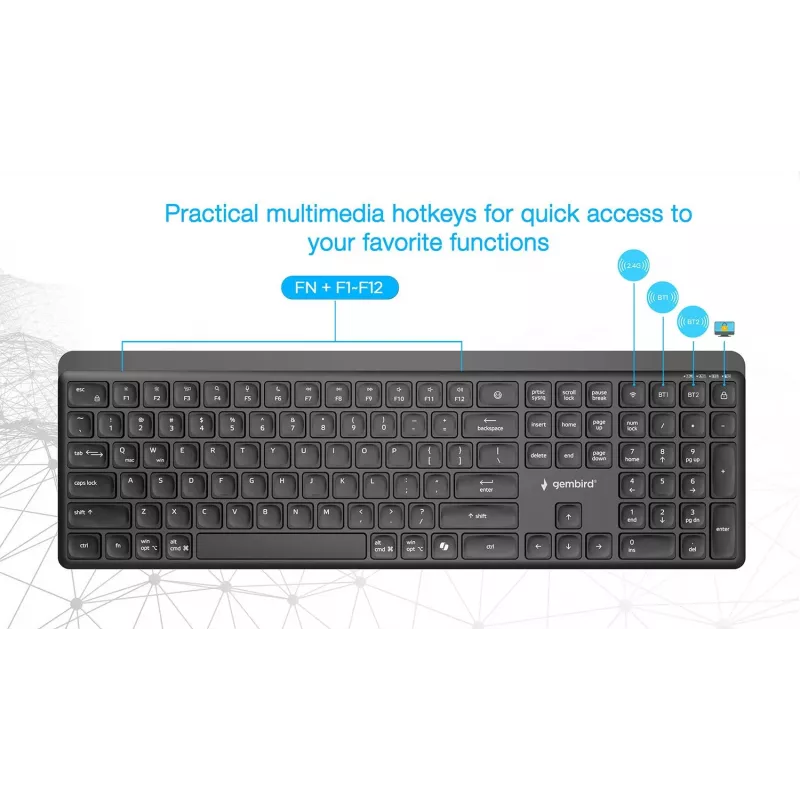 Gembird KB-WPS-03 Dual-Mode Pro-Business Slim draadloos toetsenbord, 2.4G + Bluetooth, US layout, zwart