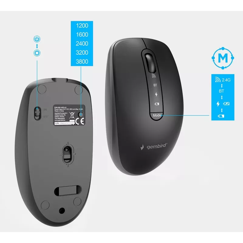 Gembird KBS-WPS-02 slanke draadloze toetsenbord-en-muisset met dual mode, 2,4 GHz + Bluetooth, US-indeling, zwart