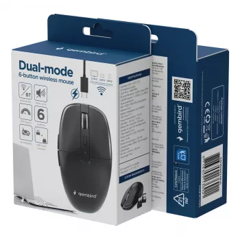 Gembird MUSW2-6B-01 dual-mode draadloze muis, 2,4 GHz + Bluetooth 5.0, 1600 DPI, 6 knoppen, zwart