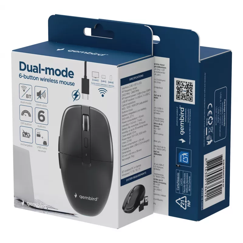 Gembird MUSW2-6B-01 dual-mode draadloze muis, 2,4 GHz + Bluetooth 5.0, 1600 DPI, 6 knoppen, zwart