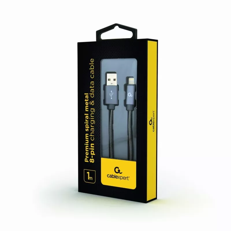 Gembird USB-A naar Lightning kabel, premium spiraal metaal, 1m, metallic grijs