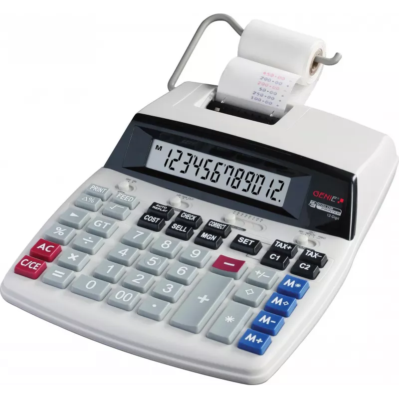 GENIE D69 PLUS desktop rekenmachine met lint, 12-cijferig LCD, 2-kleurenprint, AC/batterij