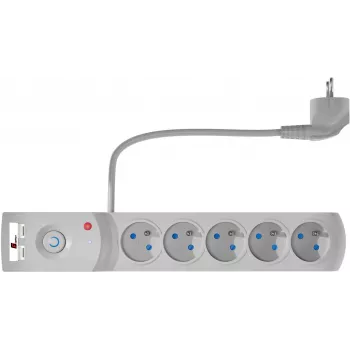 GETFORT 5-voudige overspanningsbeveiliging stekkerdoos met 2 USB-oplaadpoorten, 1,5m kabel, grijs