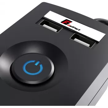 GETFORT 5P-3M-B-USB overspanningsbeveiliging stekkerdoos, 5 AC-stopcontacten, 2 USB-A-aansluitingen, 3m kabel, zwart